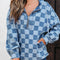 Checkered Half Zip Denim Hoodie Top