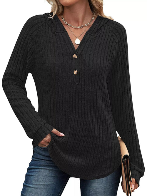 Full Size Ribbed Knit Button Detail Hooded Top Plus Size