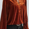 Notched Long Sleeve Velvet Top