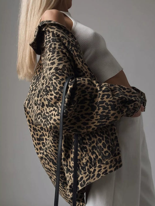 Leopard Button Up Long Sleeve Denim Jacket