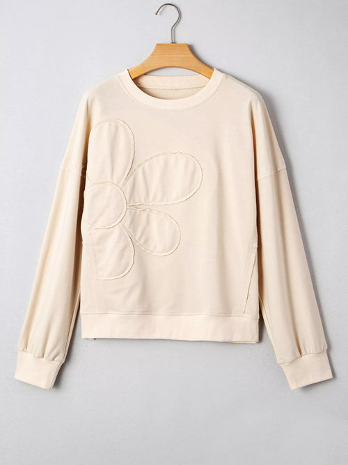 Raw Edge Flower Patch Drop Shoulder Casual Top