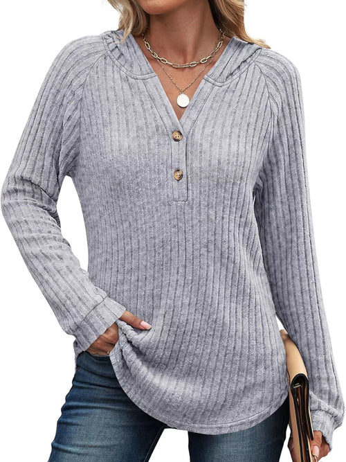 Full Size Ribbed Knit Button Detail Hooded Top Plus Size