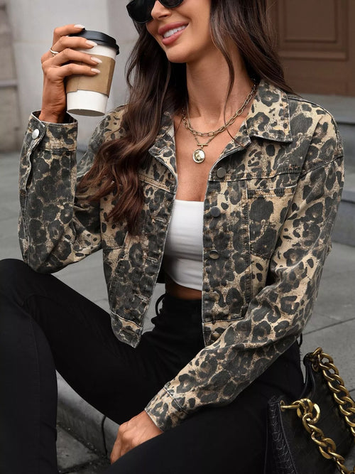 Leopard Button Up Cropped Denim Jacket