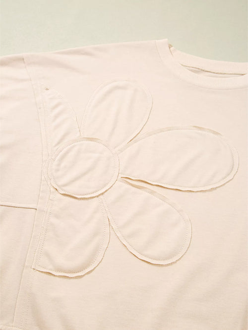 Raw Edge Flower Patch Drop Shoulder Casual Top