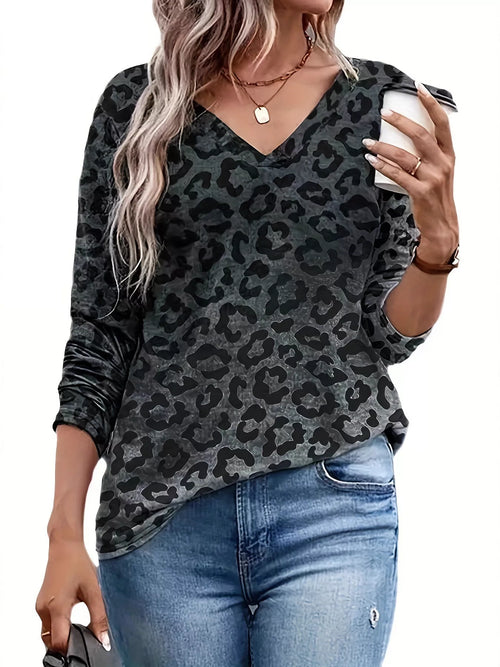 Leopard V-Neck Long Sleeve T-Shirt
