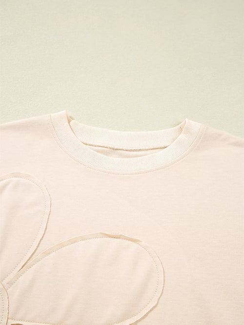 Raw Edge Flower Patch Drop Shoulder Casual Top