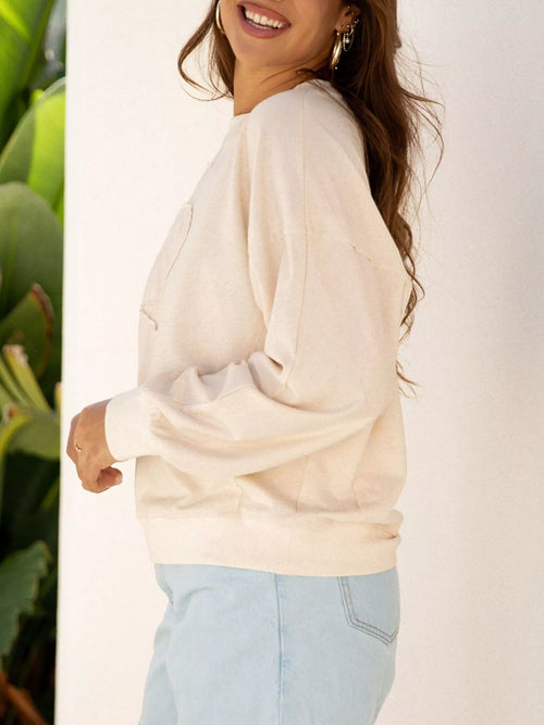 Raw Edge Flower Patch Drop Shoulder Casual Top