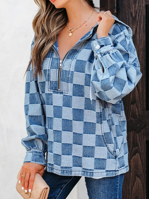 Checkered Half Zip Denim Hoodie Top