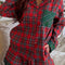 Plaid Contrast Patched Christmas Holiday Long Sleeve Shirt and Short 2pcs Pajama Set