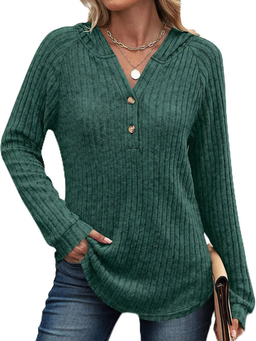 Full Size Ribbed Knit Button Detail Hooded Top Plus Size