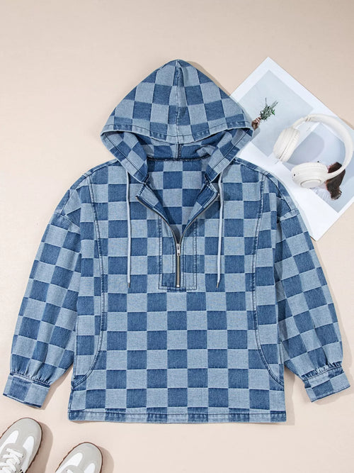 Checkered Half Zip Denim Hoodie Top