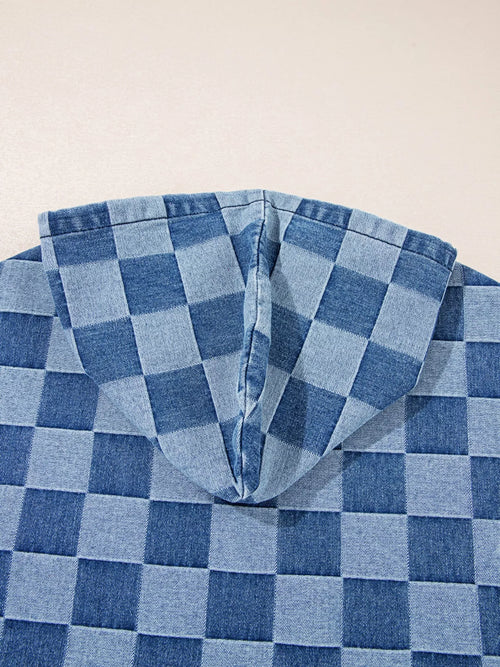 Checkered Half Zip Denim Hoodie Top