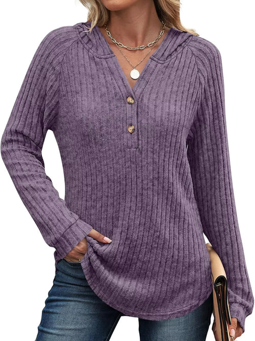 Full Size Ribbed Knit Button Detail Hooded Top Plus Size