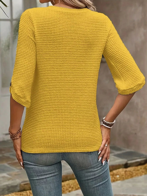 Textured Waffle Knit Three-Quarter Sleeve T-Shirt