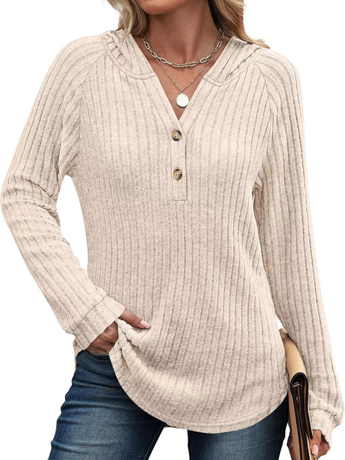 Full Size Ribbed Knit Button Detail Hooded Top Plus Size