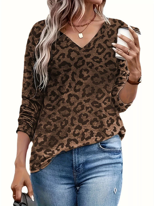Leopard V-Neck Long Sleeve T-Shirt