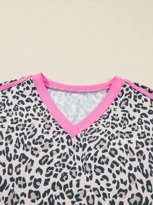 Leopard Print Contrast V Neck Varsity Stripe Detail Long Sleeve Top