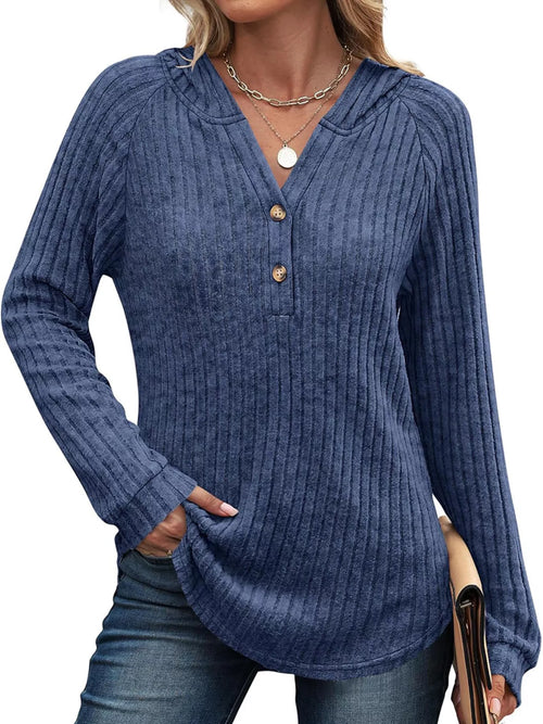 Full Size Ribbed Knit Button Detail Hooded Top Plus Size