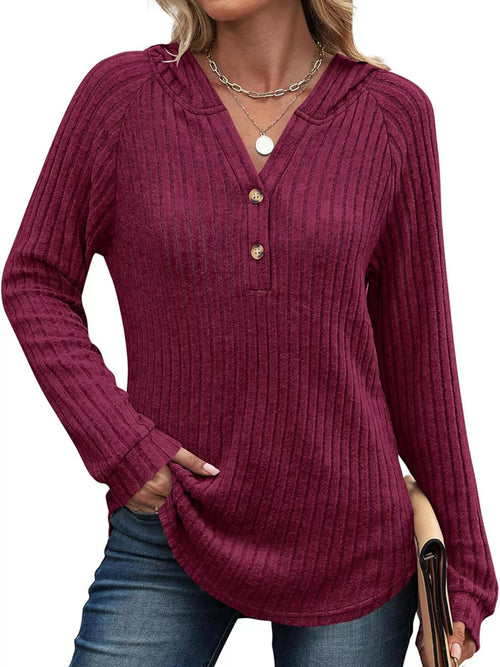 Full Size Ribbed Knit Button Detail Hooded Top Plus Size