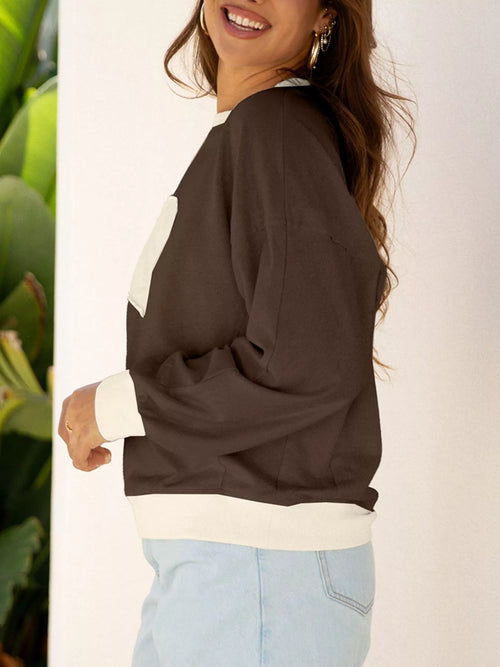 Raw Edge Flower Patch Drop Shoulder Casual Top